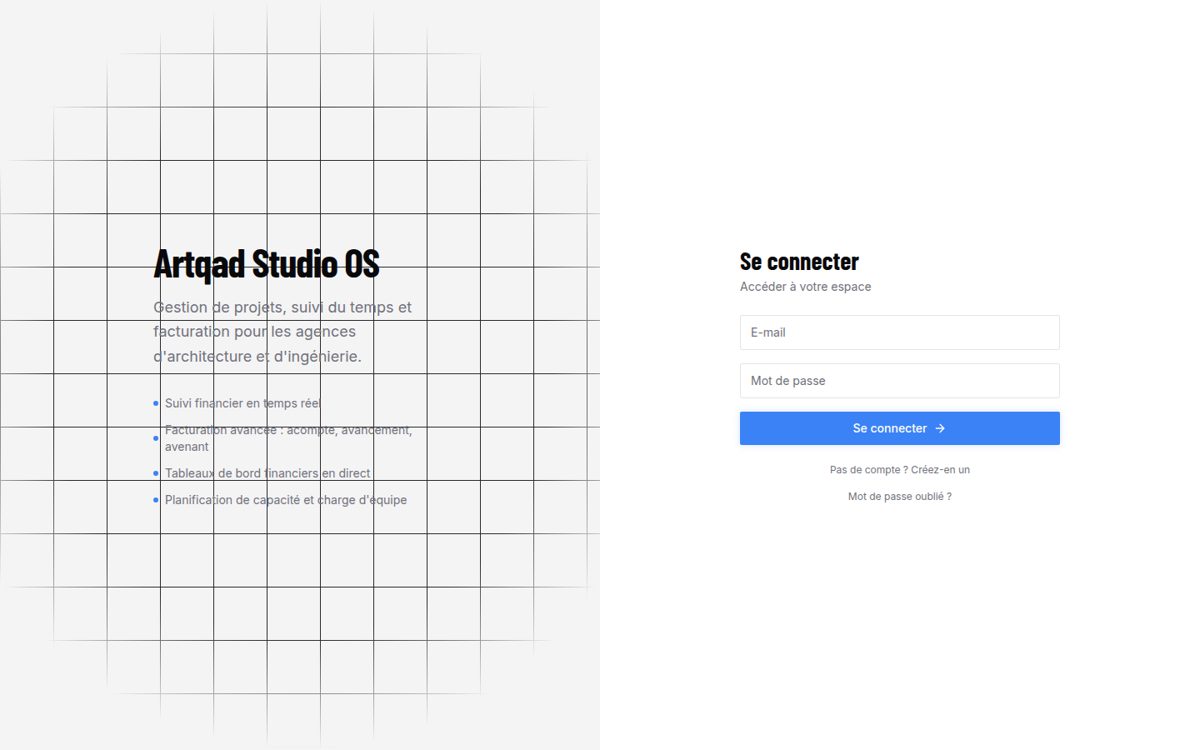 Écran de connexion d'Artqad Studio OS