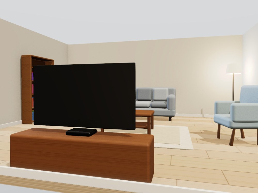 Avant : le même salon dans notre éditeur 3D — mêmes meubles, éclairage à plat