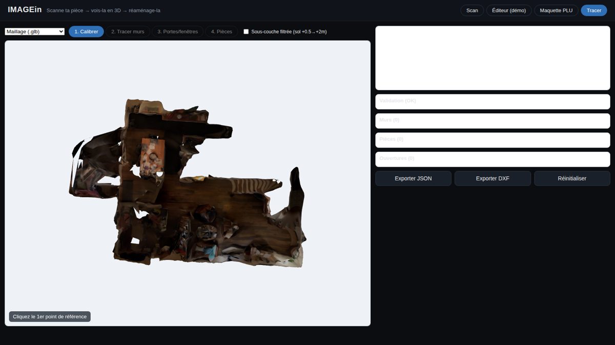 Le traceur 2D d'IMAGEin : murs, portes et fenêtres tracés par-dessus le scan d'un appartement réel, avec les surfaces calculées