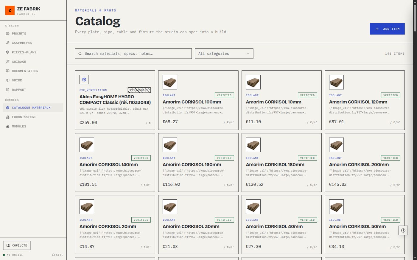 Catalogue matériaux avec photos fabricants, prix et sources